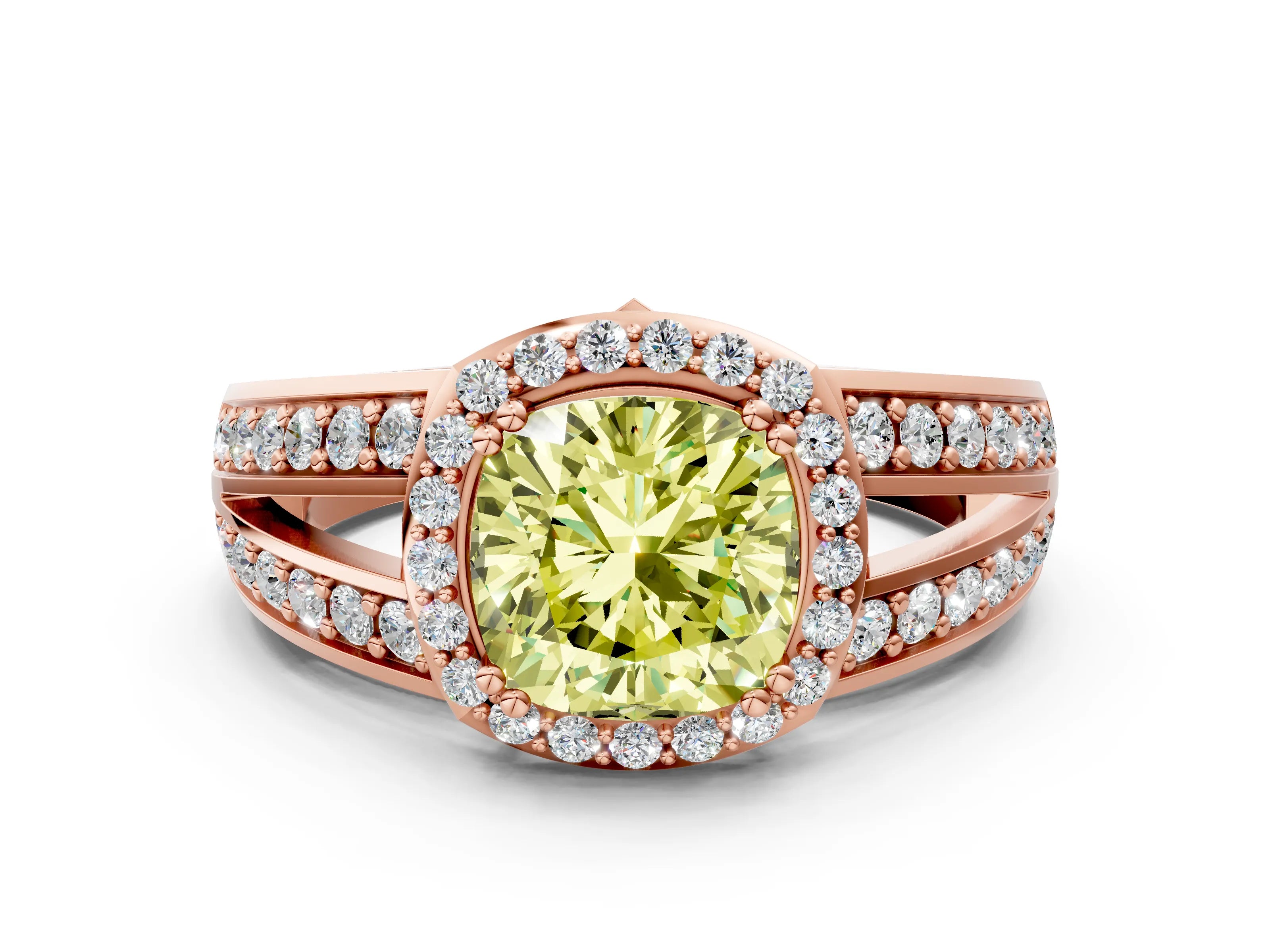 Rose gold Fancy Yellow Cushion Cut Diamond Halo Ring with Split Shank Pavé Band and Four-Prong Setting