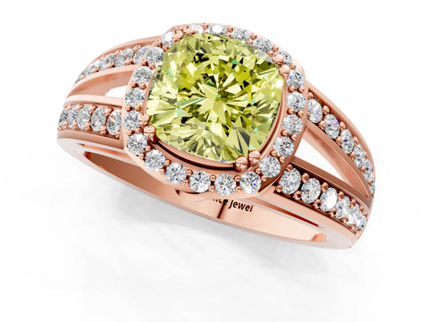 Rose gold Fancy Yellow Cushion Cut Diamond Halo Ring with Split Shank Pavé Band and Four-Prong Setting_1