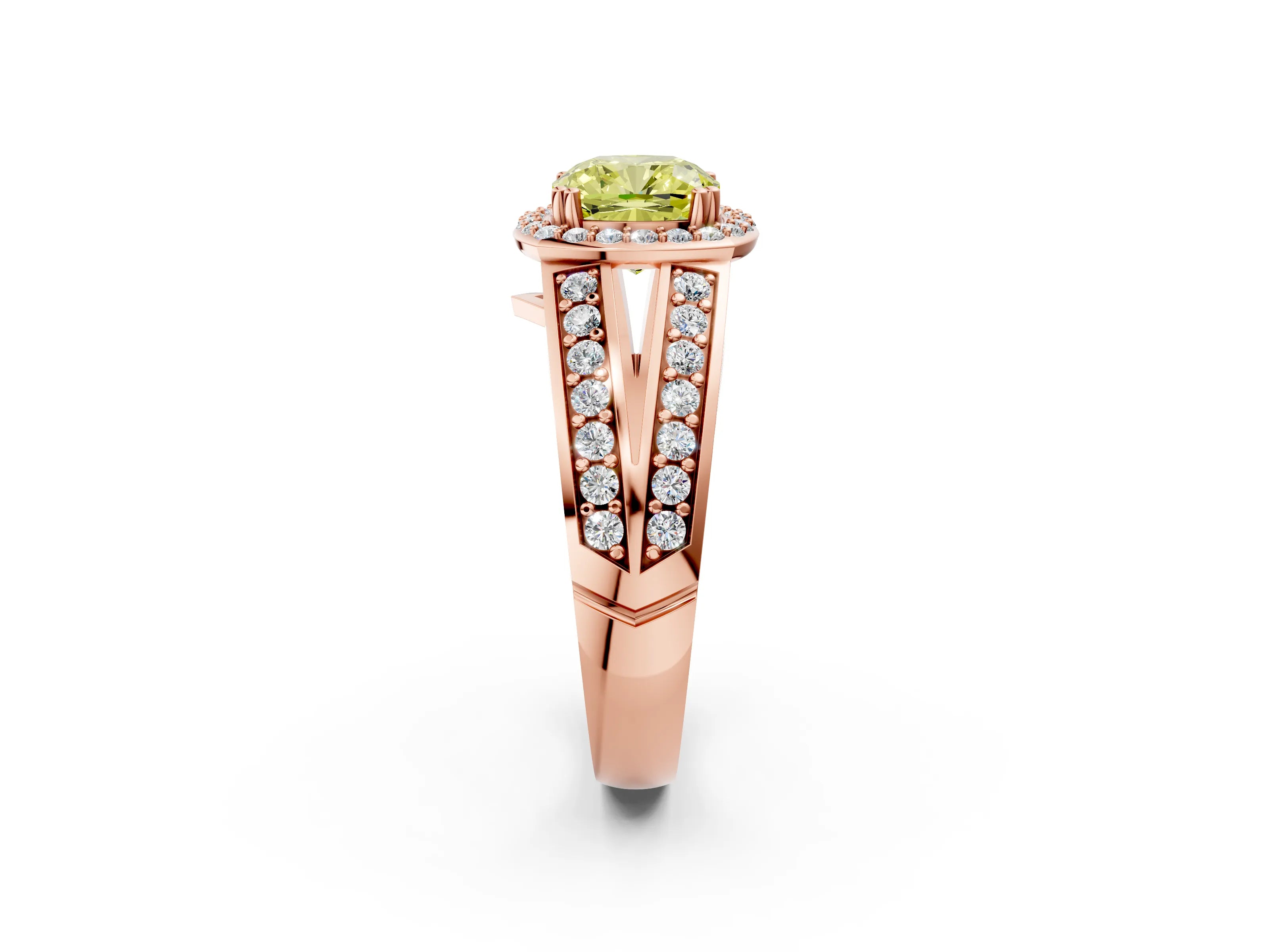Rose gold Fancy Yellow Cushion Cut Diamond Halo Ring with Split Shank Pavé Band and Four-Prong Setting_2