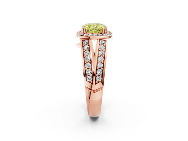 Rose gold Fancy Yellow Cushion Cut Diamond Halo Ring with Split Shank Pavé Band and Four-Prong Setting