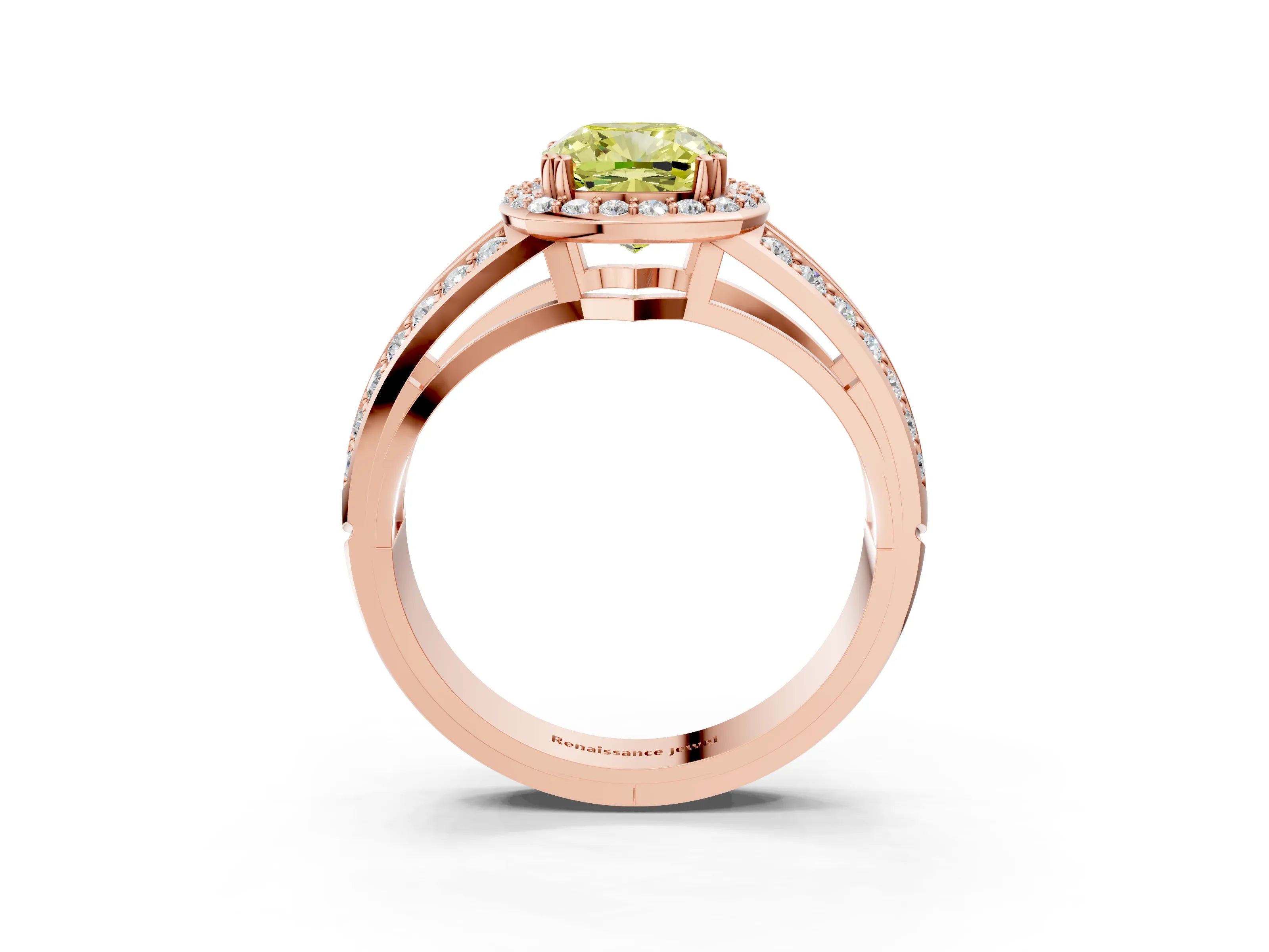 Rose gold Fancy Yellow Cushion Cut Diamond Halo Ring with Split Shank Pavé Band and Four-Prong Setting_3