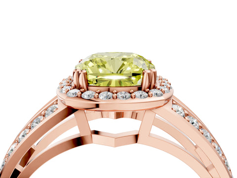 Rose gold Fancy Yellow Cushion Cut Diamond Halo Ring with Split Shank Pavé Band and Four-Prong Setting_4
