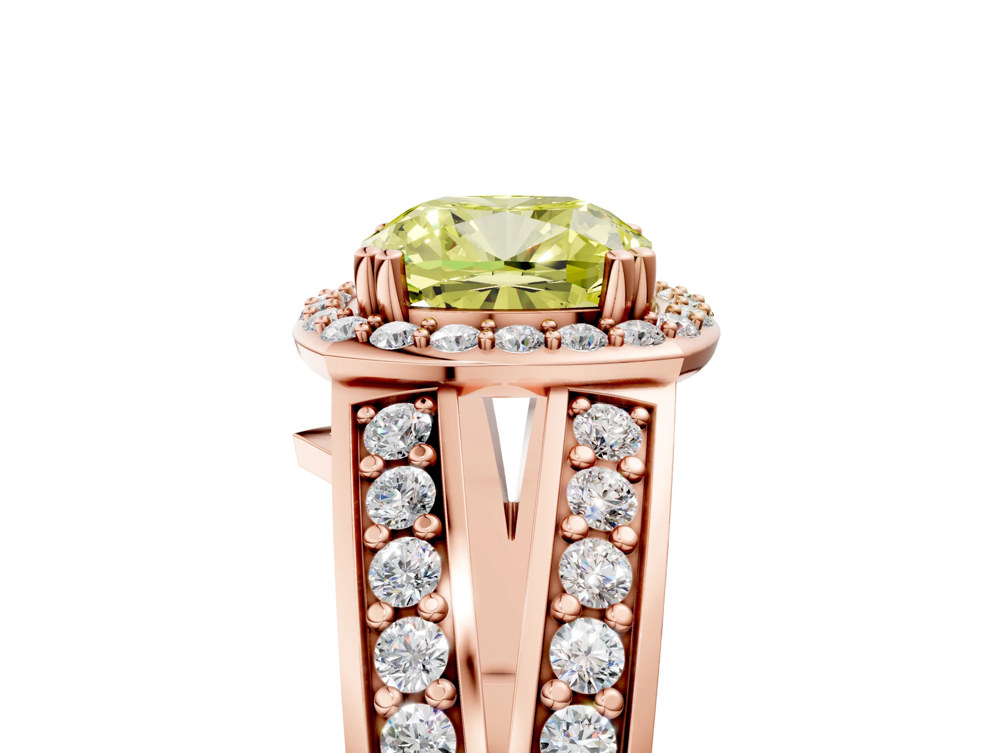 Rose gold Fancy Yellow Cushion Cut Diamond Halo Ring with Split Shank Pavé Band and Four-Prong Setting_5