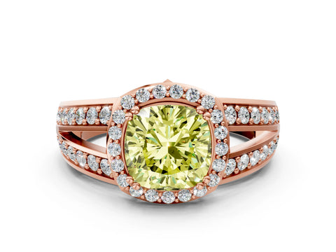 Rose gold Fancy Yellow Cushion Cut Diamond Halo Ring with Split Shank Pavé Band and Four-Prong Setting