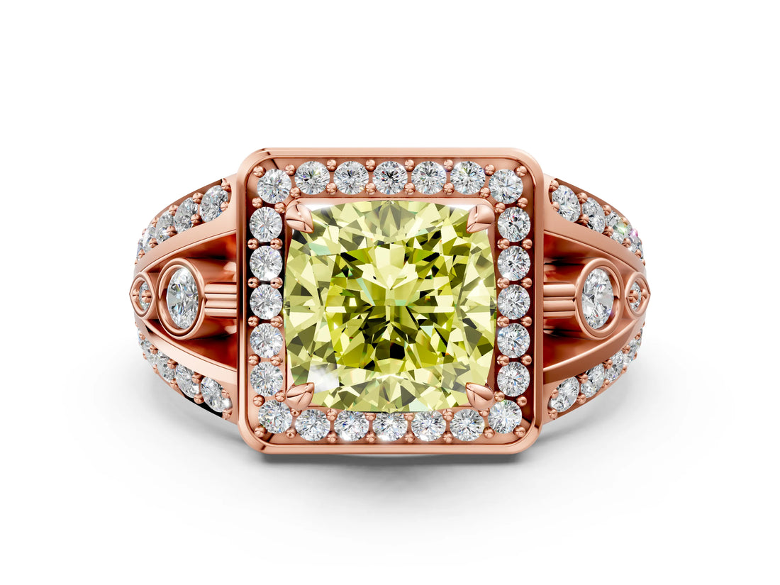 Rose gold Fancy Yellow Cushion Cut Diamond Halo Ring with Split Shank and Bezel Accents and Four-Prong Setting