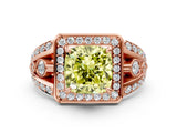 Rose gold Fancy Yellow Cushion Cut Diamond Halo Ring with Split Shank and Bezel Accents and Four-Prong Setting