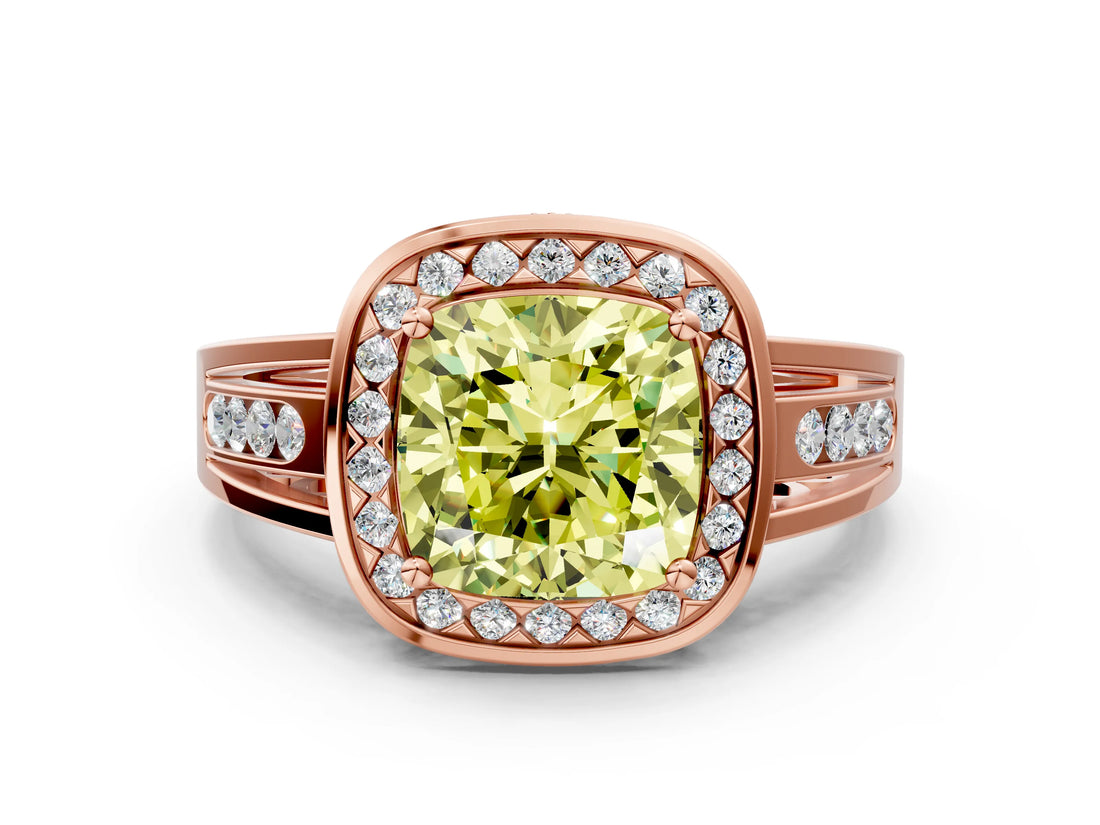 Rose gold Fancy Yellow Cushion Cut Diamond Halo Ring with Split Shank and Bezel Accents and Prong Setting