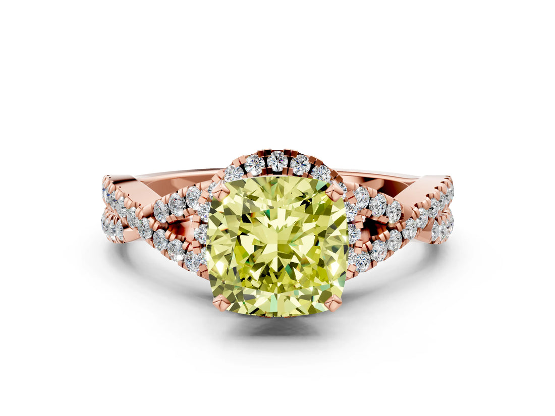 Rose gold Fancy Yellow Cushion Cut Diamond  Halo Twist Band Solitaire Prong Setting Ring_42
