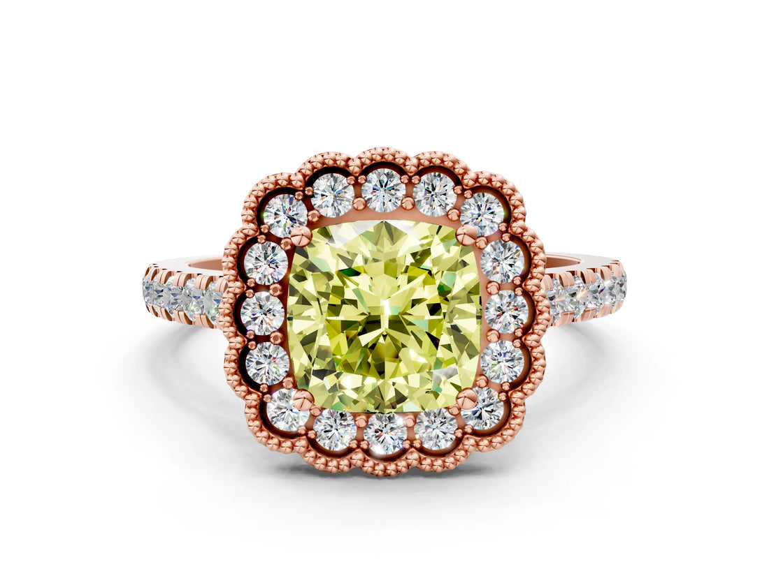 Rose gold Fancy Yellow Cushion  Cut Diamond Milgrain Floral Halo Engagement Ring with Pavé Band_15