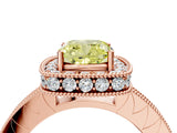 Rose gold Fancy Yellow Cushion Cut Diamond Milgrain Halo Engagement Ring with Round Pavé Band and Prong Setting_16
