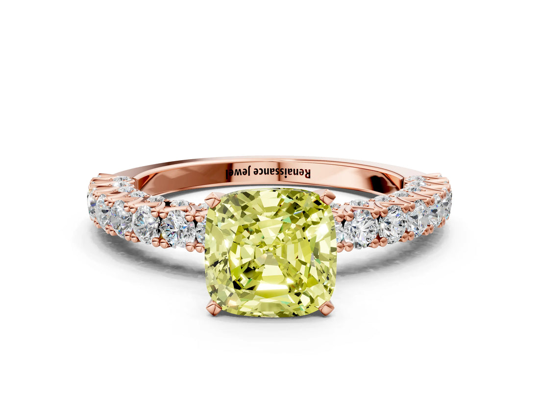 Rose gold Fancy Yellow Cushion Cut Diamond Pavé Band Solitaire Ring with Prong Setting_75