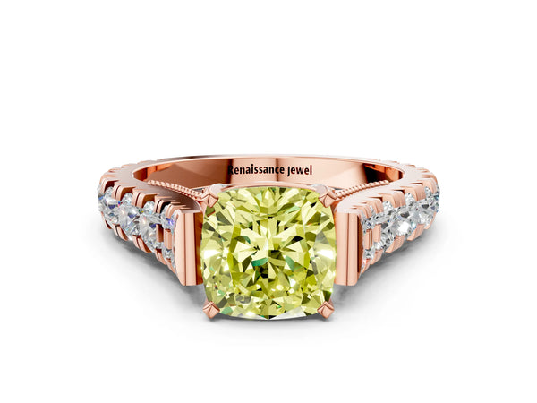 Rose gold Fancy Yellow Cushion Cut Diamond Classic Solitaire Ring with Pavé Band and Four-Prong Setting
