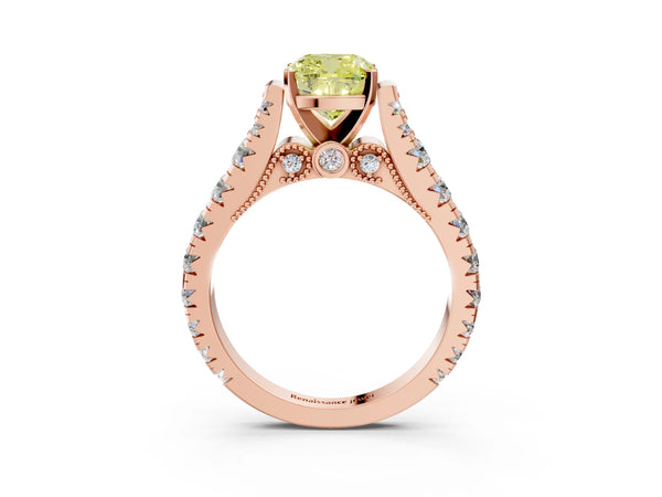 Rose gold Fancy Yellow Cushion Cut Diamond Classic Solitaire Ring with Pavé Band and Four-Prong Setting