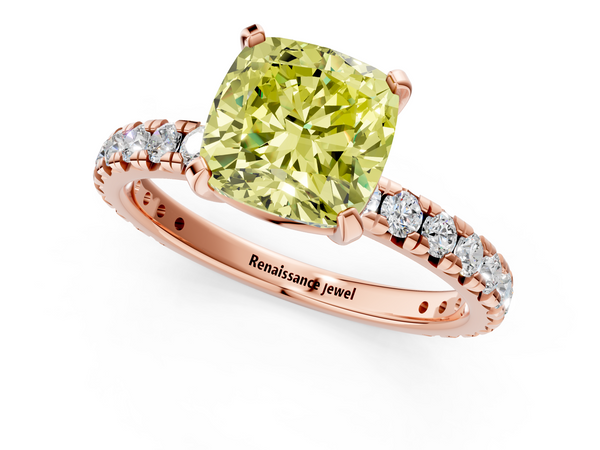 Rose gold Fancy Yellow Cushion  Cut Diamond Pavé Band with Four-Prong Setting