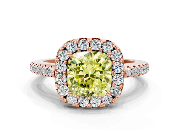 Rose gold Fancy Yellow Cushion Cut Diamond Pavé Halo Ring with Four-Prong Setting