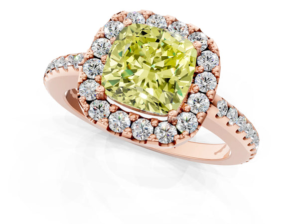 Rose gold Fancy Yellow Cushion Cut Diamond Pavé Halo Ring with Four-Prong Setting
