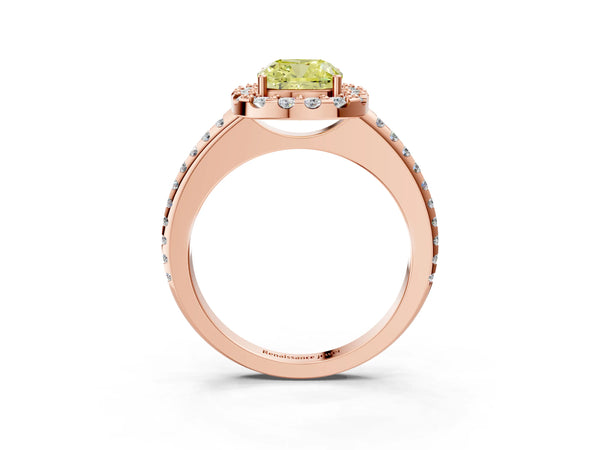 Rose gold Fancy Yellow Cushion Cut Diamond Pavé Halo Ring with Four-Prong Setting