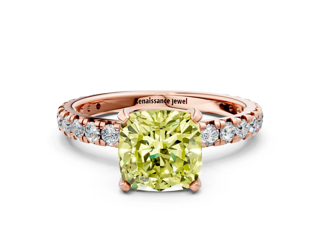 Rose gold Fancy Yellow Cushion Cut Diamond Pavé Solitaire Ring with Round Band and Prong Setting_12