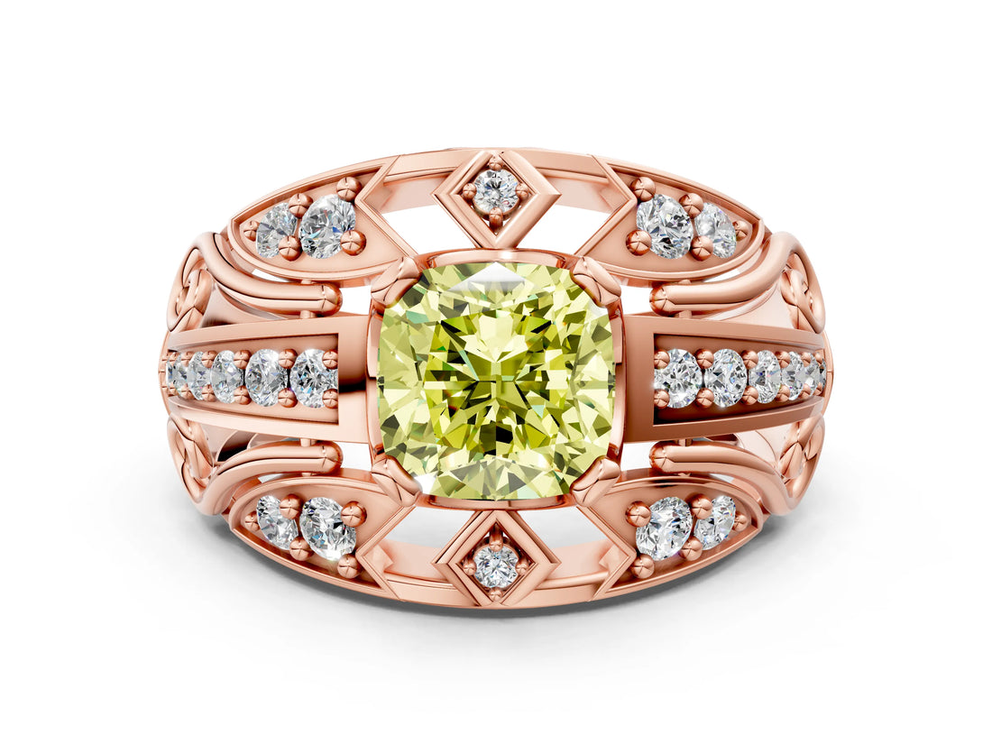 Rose gold Fancy Yellow Cushion Cut Diamond Pave Art Deco Split Shank Ring with Four-Prong Setting