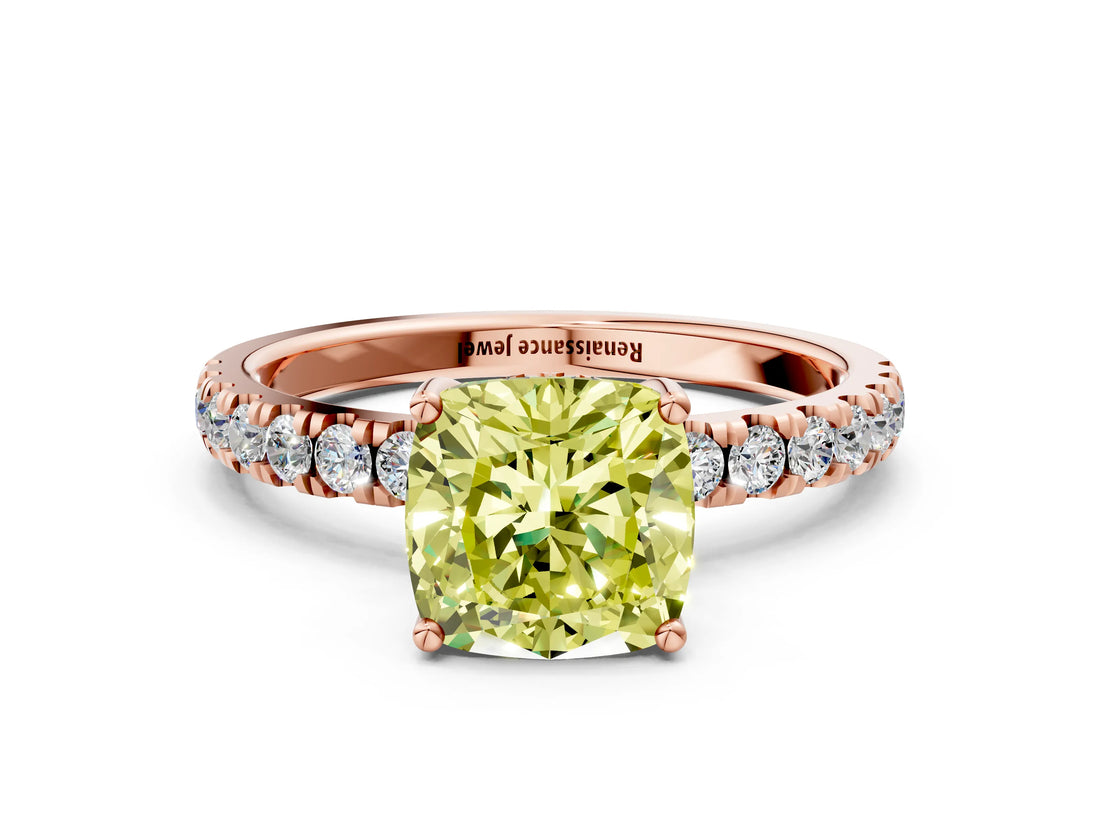 Rose gold Fancy Yellow Cushion Cut Diamond Pave Band Solitaire Ring with Four-Prong Setting_58