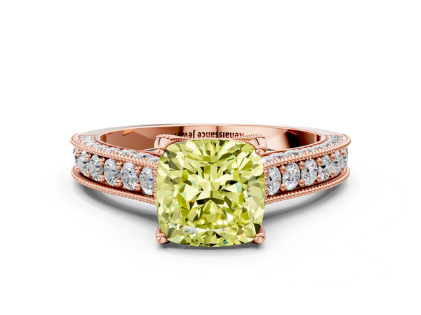Rose gold Fancy Yellow Cushion  Cut Diamond Solitaire Ring with Milgrain Pave Band and Four Prong Setting