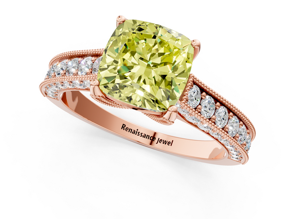 Rose gold Fancy Yellow Cushion  Cut Diamond Solitaire Ring with Milgrain Pave Band and Four Prong Setting