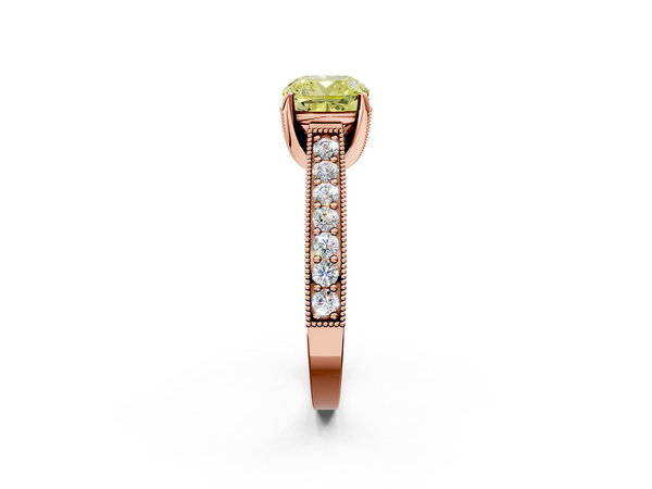 Rose gold Fancy Yellow Cushion  Cut Diamond Solitaire Ring with Milgrain Pave Band and Four Prong Setting