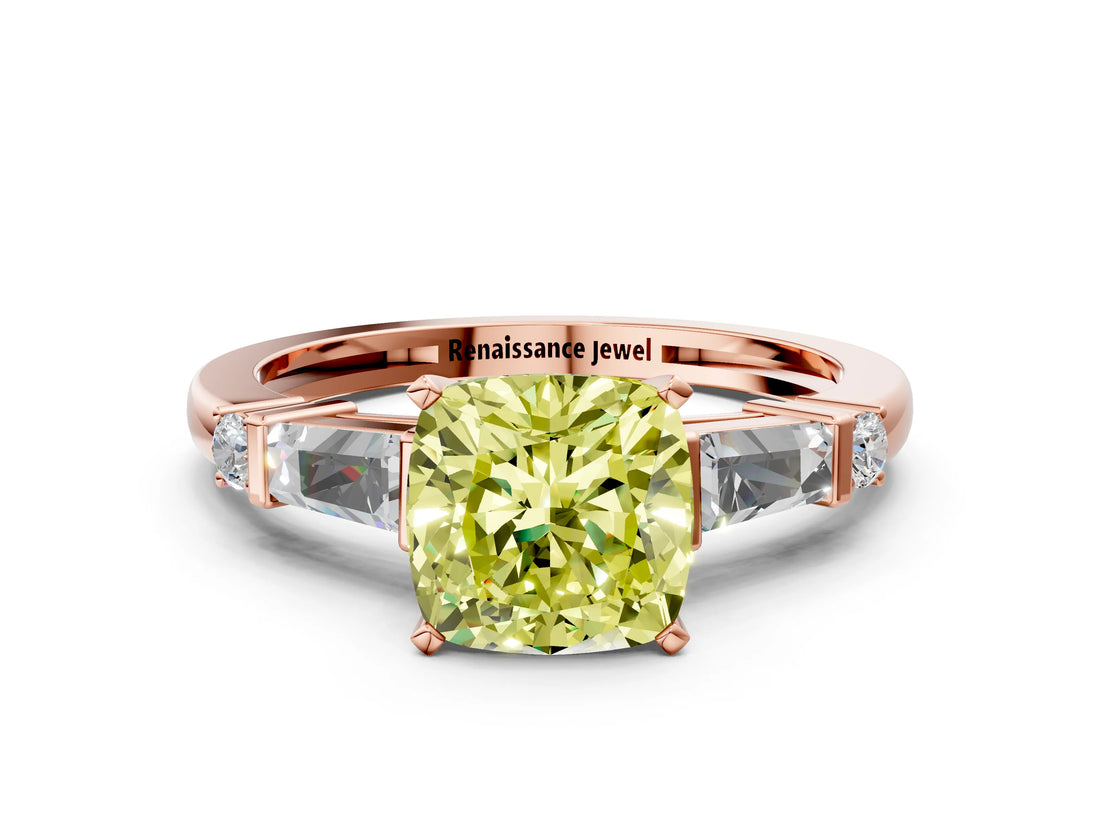 Rose gold Fancy Yellow Cushion  Cut Diamond Ring with Baguette Side Stones, Channel Set Band, and Four-Prong Setting_24