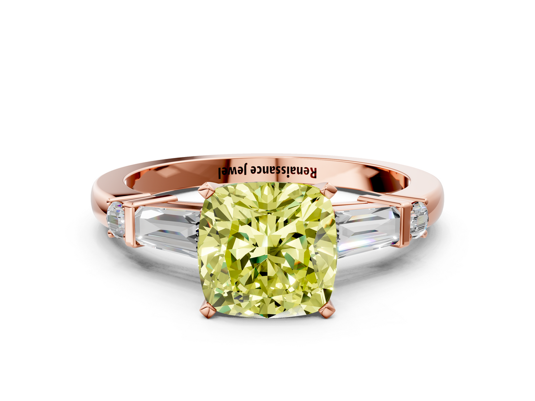 Rose gold Fancy Yellow Cushion  Cut Diamond Ring with Baguette Side Stones, Channel Set Band, and Four-Prong Setting_3