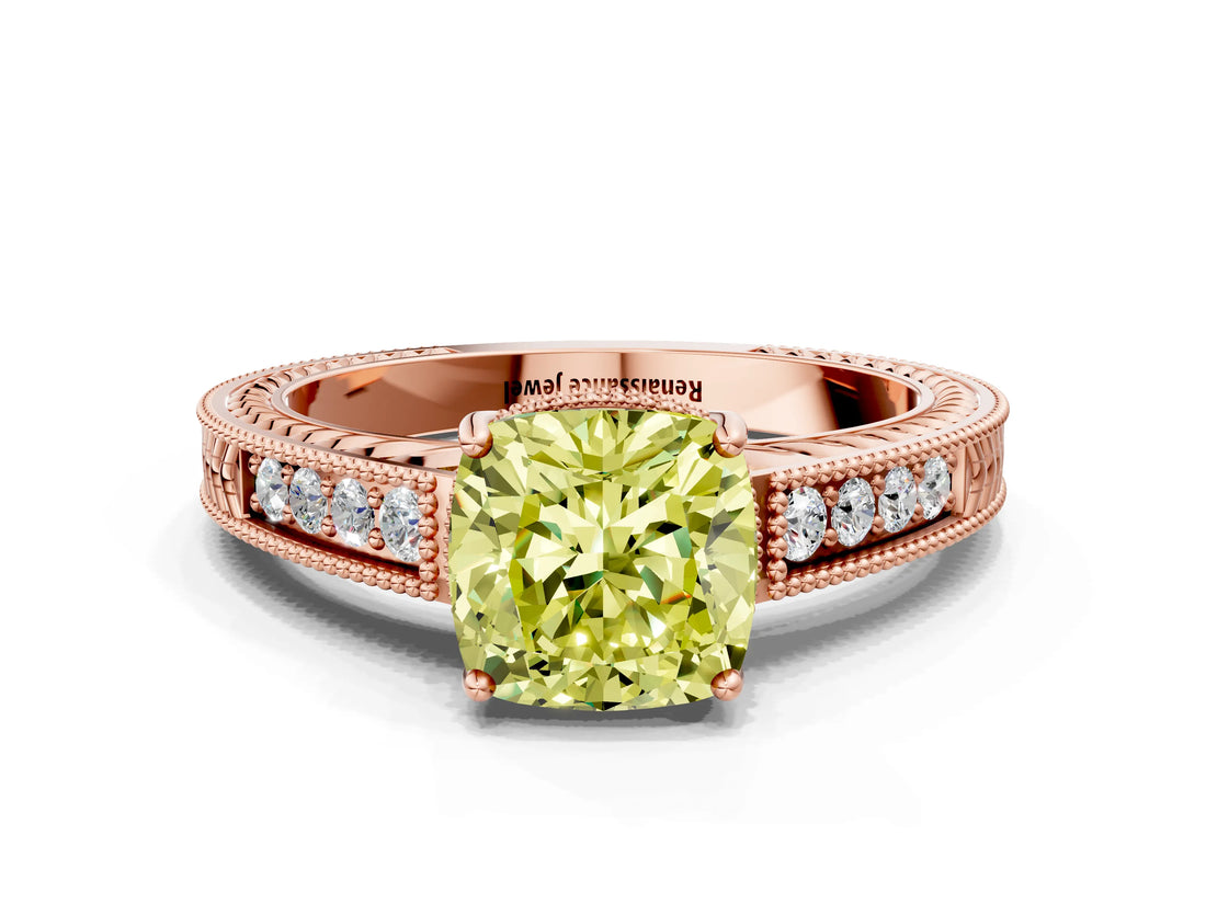 Rose gold Fancy Yellow Cushion Cut Diamond Ring with Milgrain Pavé Band and Four-Prong Setting_20