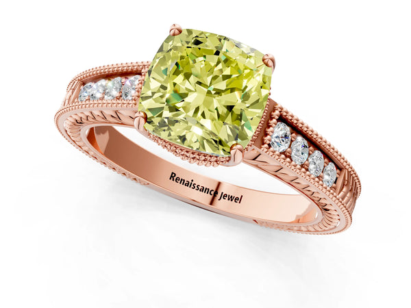 Rose gold Fancy Yellow Cushion Cut Diamond Ring with Milgrain Pavé Band and Four-Prong Setting