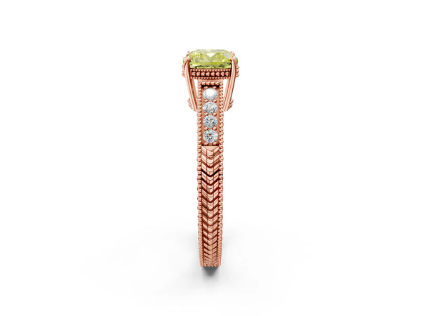 Rose gold Fancy Yellow Cushion Cut Diamond Ring with Milgrain Pavé Band and Four-Prong Setting