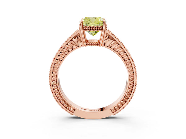 Rose gold Fancy Yellow Cushion Cut Diamond Ring with Milgrain Pavé Band and Four-Prong Setting