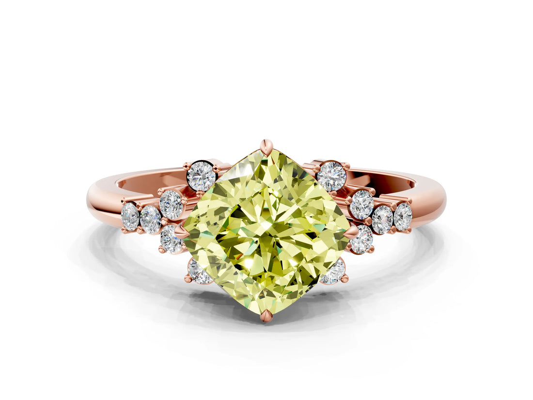 Rose gold Fancy Yellow Cushion Cut Diamond Ring with Side Stones and Four-Prong Setting_94