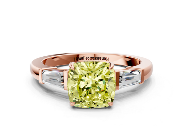 Rose gold Fancy Yellow Cushion  Cut Diamond Ring with Tapered Baguette Side Stones in Four-Prong Setting