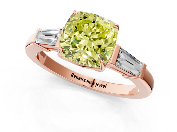 Rose gold Fancy Yellow Cushion  Cut Diamond Ring with Tapered Baguette Side Stones in Four-Prong Setting