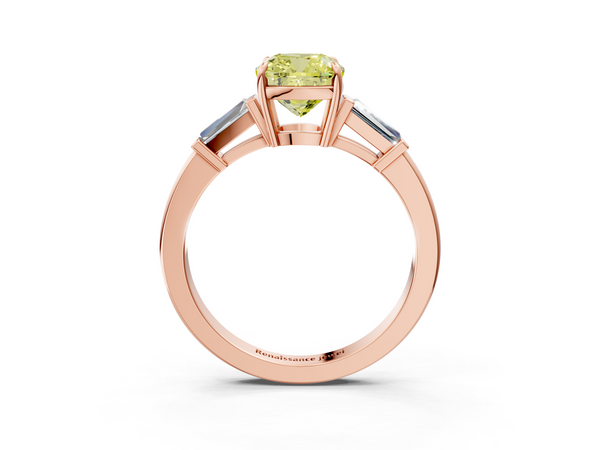 Rose gold Fancy Yellow Cushion  Cut Diamond Ring with Tapered Baguette Side Stones in Four-Prong Setting