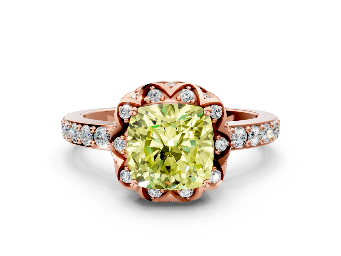 Rose gold Fancy Yellow Cushion Cut Diamond Scalloped Halo Engagement Ring with Round Shared Prong Band_12