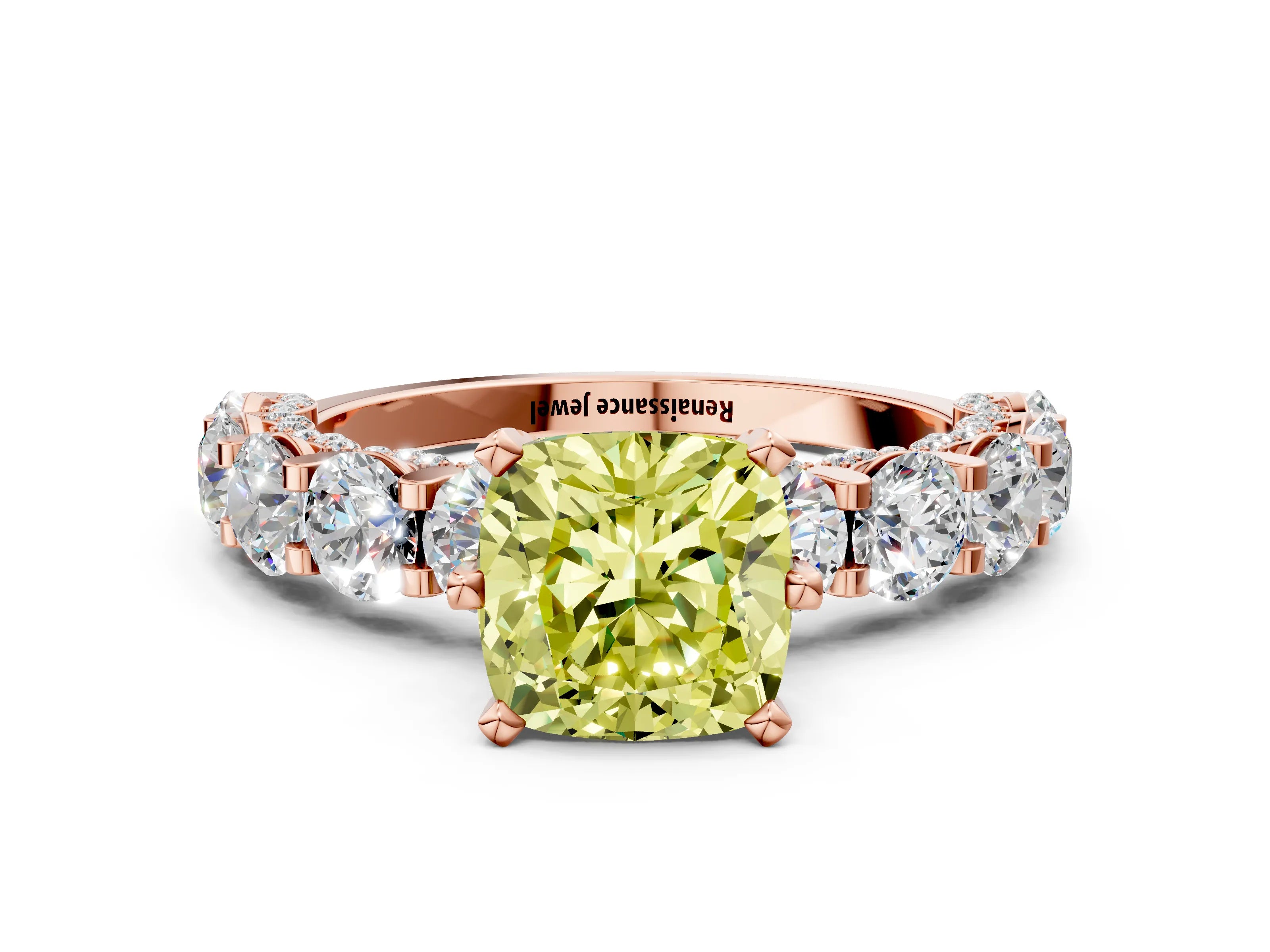 Rose gold Fancy Yellow Cushion Cut Diamond Side Stone Engagement Ring with Four-Prong Setting_24