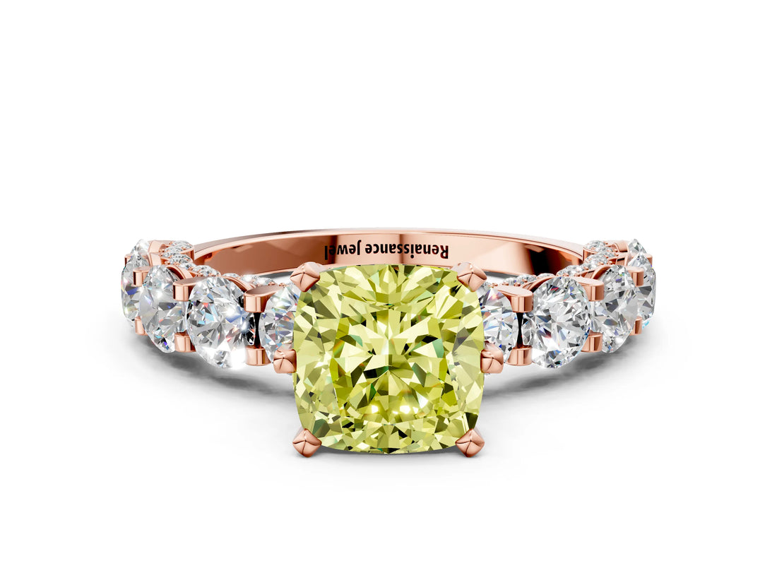 Rose gold Fancy Yellow Cushion Cut Diamond Side Stone Engagement Ring with Four-Prong Setting_24