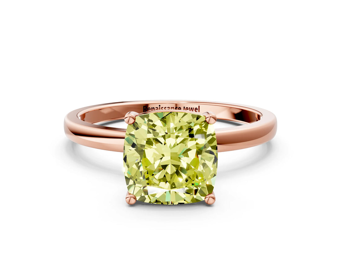 Rose gold Fancy Yellow Cushion Cut Diamond Solitaire Ring with Classic Band and Four-Prong Setting