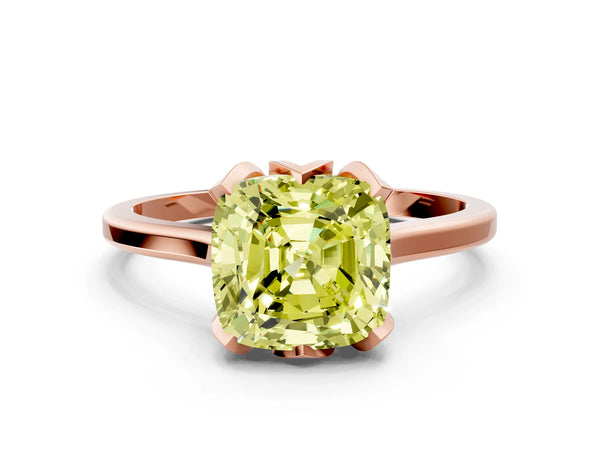Rose gold Fancy Yellow Cushion Cut Diamond Solitaire Ring with Flower Prong Setting and Classic Band