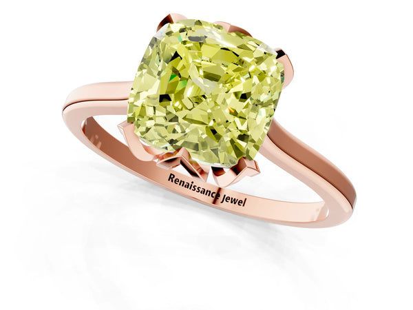 Rose gold Fancy Yellow Cushion Cut Diamond Solitaire Ring with Flower Prong Setting and Classic Band