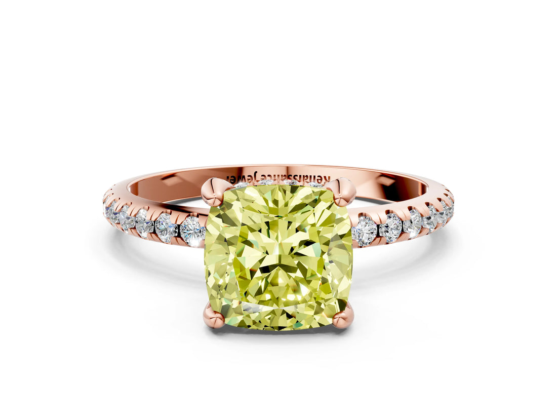 Rose gold Fancy Yellow Cushion Cut Diamond Solitaire Ring with Four-Prong Setting and Pavé Band_3