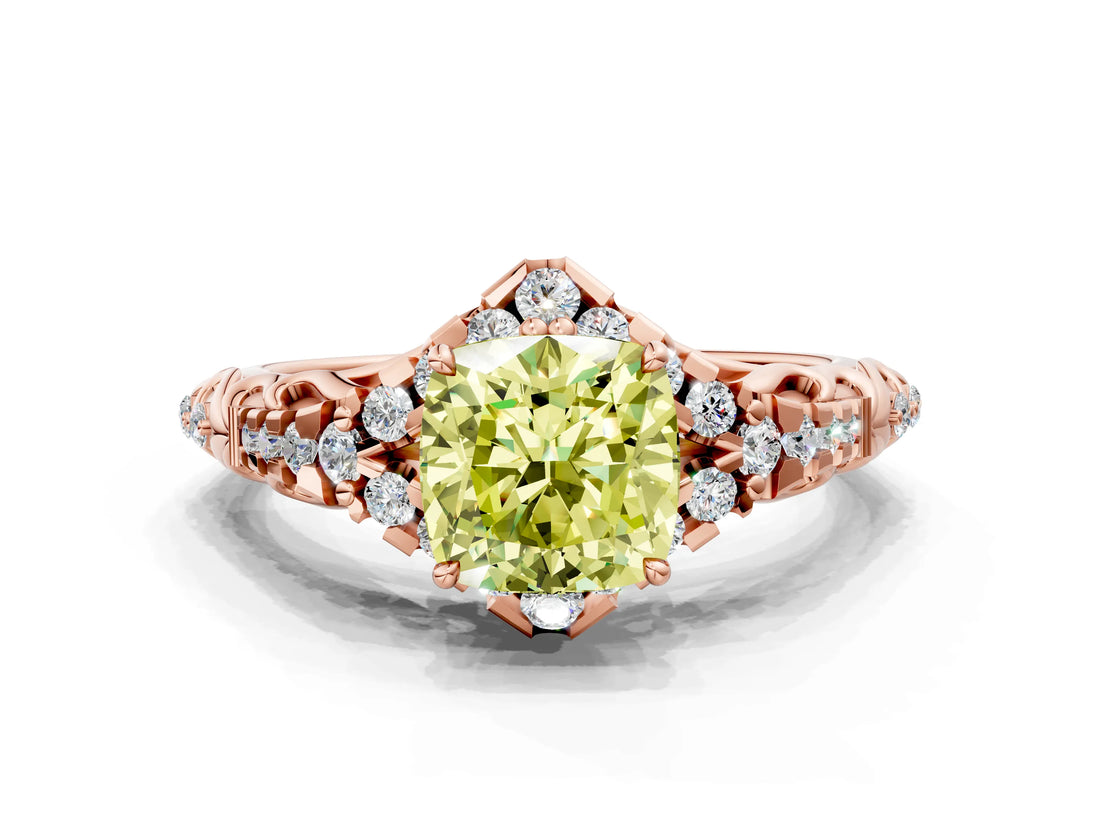 Rose gold Fancy Yellow Cushion Cut Diamond Solitaire Ring with Hidden Halo and Pavé Band_27