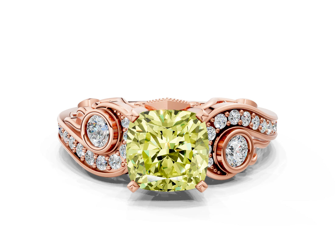 Rose gold Fancy Yellow Cushion Cut Diamond Solitaire Ring with Milgrain Pavé Band and Four-Prong Setting_167