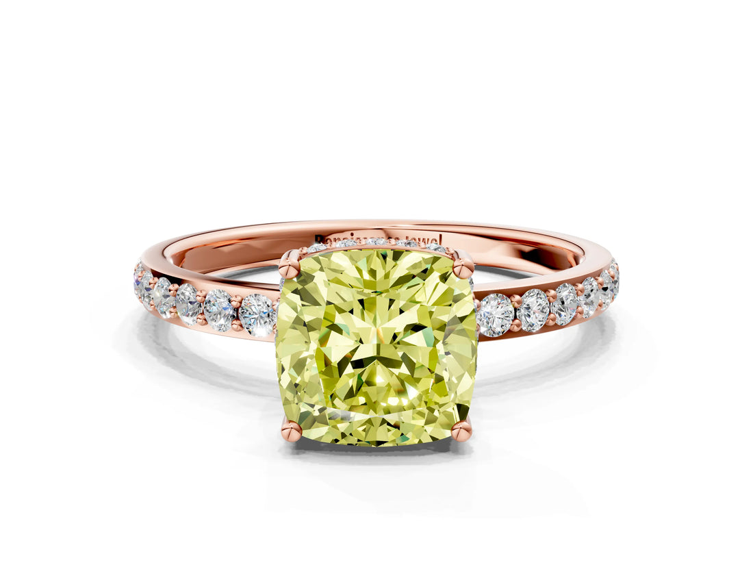 Rose gold Fancy Yellow Cushion Cut Diamond Solitaire Ring with Pavé Band and Hidden Halo_19