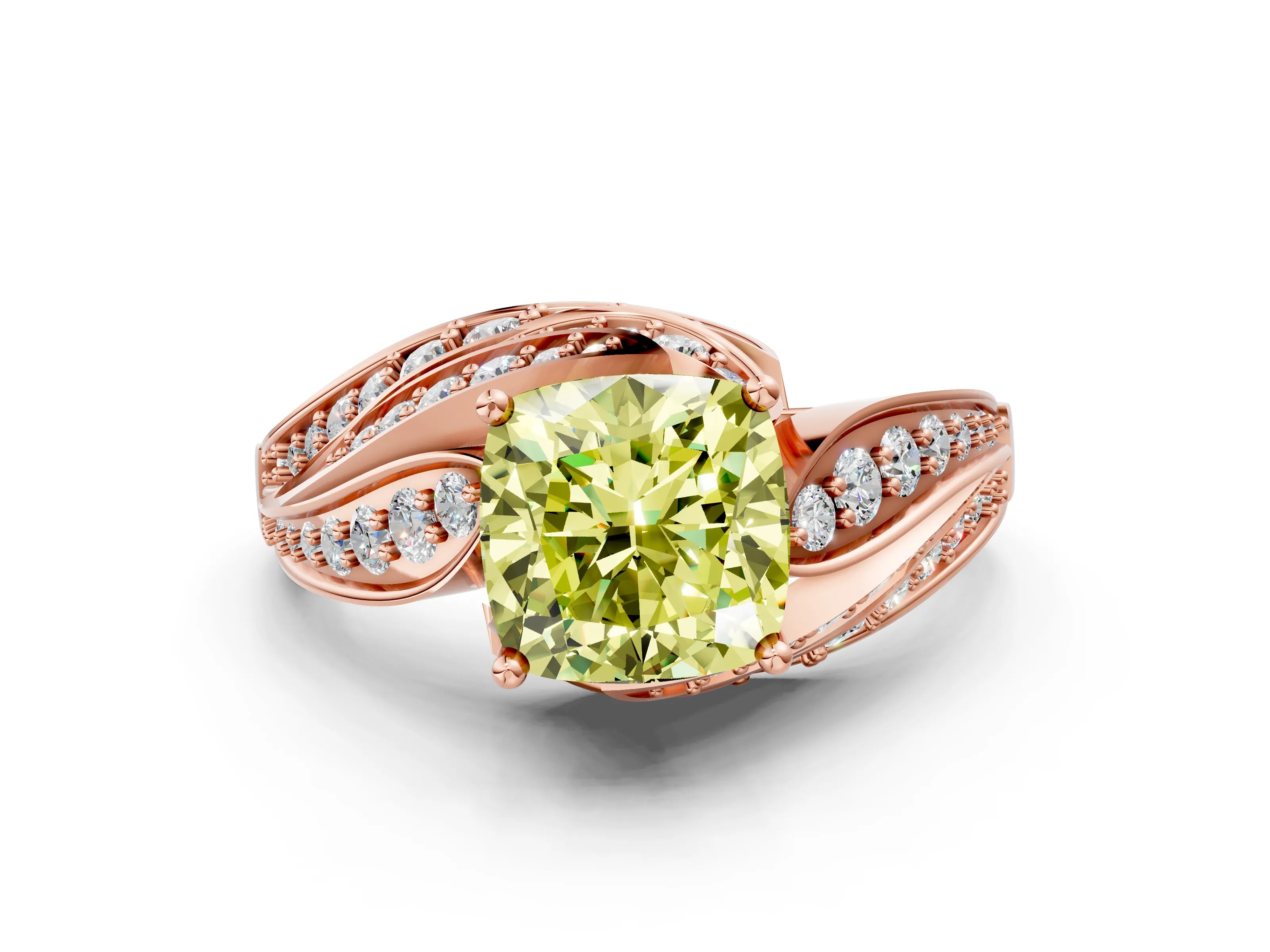 Rose gold Fancy Yellow Cushion Cut Diamond Solitaire Ring with Prong Setting and Twisted Pavé Band