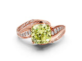 Rose gold Fancy Yellow Cushion Cut Diamond Solitaire Ring with Prong Setting and Twisted Pavé Band