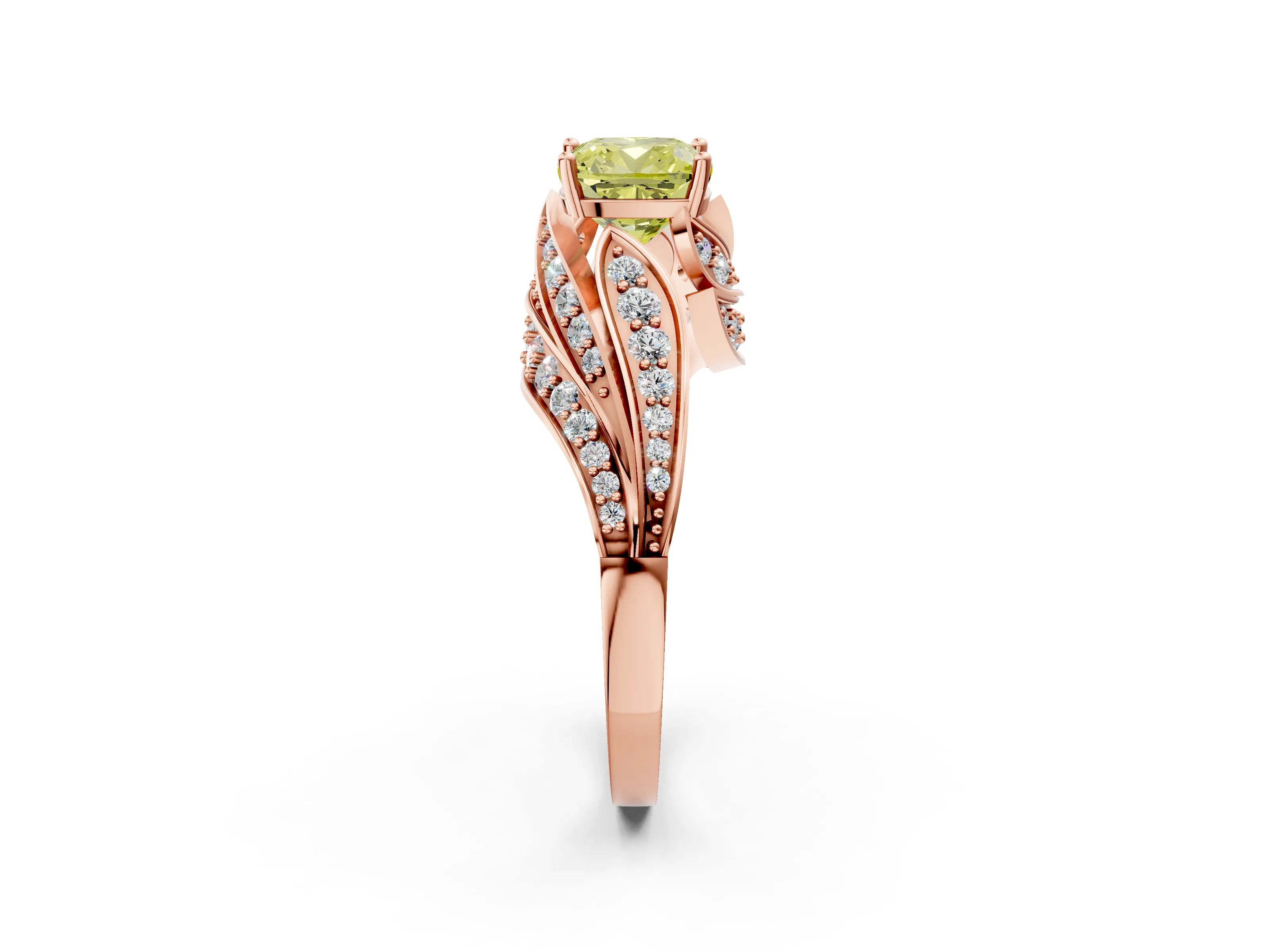 Rose gold Fancy Yellow Cushion Cut Diamond Solitaire Ring with Prong Setting and Twisted Pavé Band_2